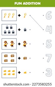 Education game for children fun counting and add one more cartoon key padlock bald man chest treasure then choose the correct number pirate worksheet