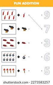 Education game for children fun counting and add one more cartoon dynamite cannon bomb torch then choose the correct number pirate worksheet