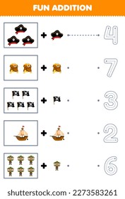 Education game for children fun counting and add one more cartoon hat treasure flag ship man then choose the correct number pirate worksheet