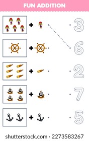 Education game for children fun counting and add one more cartoon man wheel spyglass ship anchor then choose the correct number pirate worksheet