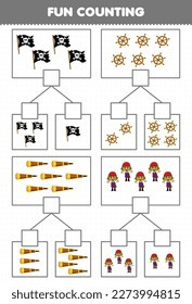 Juego de educación para niños diversión contando imágenes en cada caja de dibujos animados lindo sombrero rueda de vidrio espía y hoja de cálculo pirata imprimible para hombre