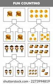 Education game for children fun counting picture in each box of cute cartoon treasure chest gold coin and boy printable pirate worksheet