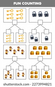 Education game for children fun counting picture in each box of cute cartoon key padlock bald man and chest printable pirate worksheet