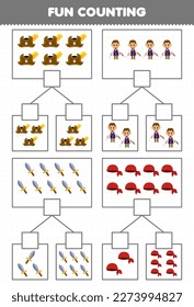 Education game for children fun counting picture in each box of cute cartoon hat man sword and bandana printable pirate worksheet