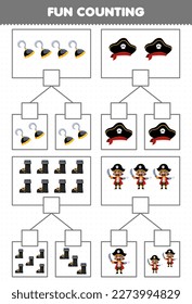 Education game for children fun counting picture in each box of cute cartoon hook hat boot and man printable pirate worksheet