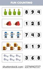 Education game for children fun counting and choosing the correct number of cute cartoon bottle meat old man mug fish bone printable pirate worksheet