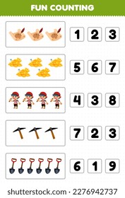 Juego de educación para los niños conteo divertido y elección del número correcto del lindo mapa del tesoro de dibujos animados oro niño palo pala hoja de cálculo pirata imprimible