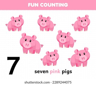 Education game for children fun counting cute cartoon seven pink pigs printable animal worksheet