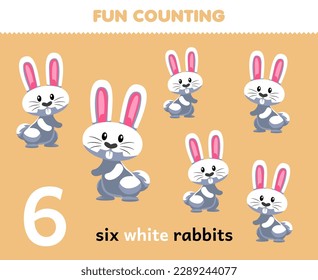 Education game for children fun counting cute cartoon six white rabbits printable animal worksheet