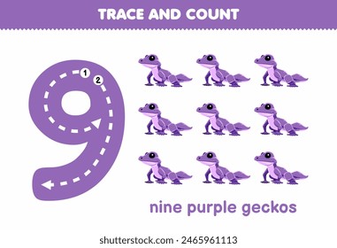 Education game for children fun counting nine purple geckos printable pet worksheet