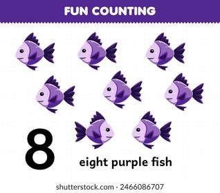 Juego de Educación para niños diversión contando ocho peces púrpura imprimible hoja de trabajo para mascotas