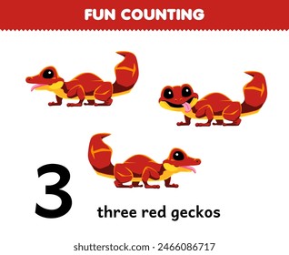 Education game for children fun counting three red geckos printable pet worksheet