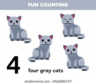 Education game for children fun counting four gray cats printable pet worksheet