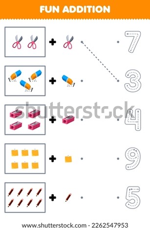 Education game for children fun counting and add one more cartoon scissor eraser sharpener pencil then choose the correct number tool worksheet