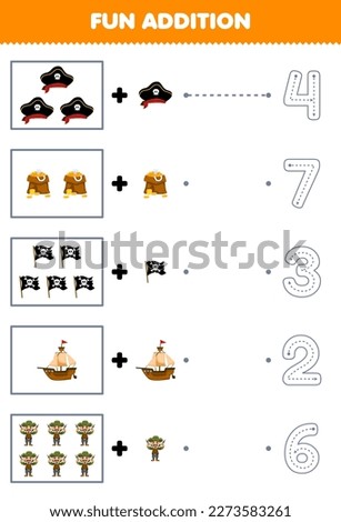 Education game for children fun counting and add one more cartoon hat treasure flag ship man then choose the correct number pirate worksheet