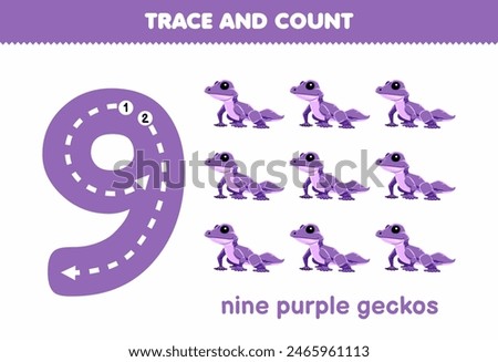 Education game for children fun counting nine purple geckos printable pet worksheet
