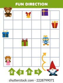 Education game for children fun direction help gnome move according to the numbers on the arrows printable winter worksheet