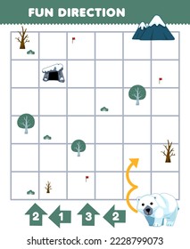 Education game for children fun direction help polar bear move according to the numbers on the arrows printable winter worksheet