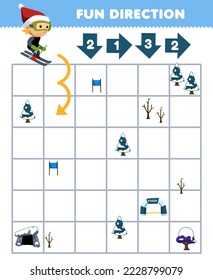 Education game for children fun direction help boy playing ski move according to the numbers on the arrows printable winter worksheet