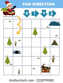 Education game for children fun direction help santa move according to the numbers on the arrows printable winter worksheet