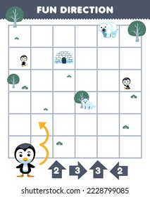 Education game for children fun direction help penguin move according to the numbers on the arrows printable winter worksheet