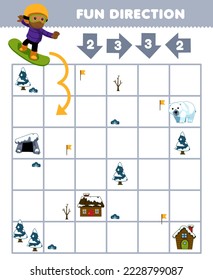 Education game for children fun direction help boy playing snowboard move according to the numbers on the arrows printable winter worksheet