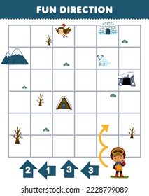 Education game for children fun direction help boy with snowboard move according to the numbers on the arrows printable winter worksheet