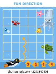 Education game for children fun direction help cute cartoon penguin move according to the numbers on the arrows printable underwater worksheet