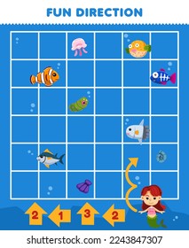 Education game for children fun direction help cute cartoon mermaid girl move according to the numbers on the arrows printable underwater worksheet