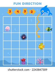 Education game for children fun direction help cute cartoon dolphin move according to the numbers on the arrows printable underwater worksheet