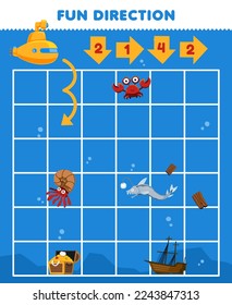 Juego de educación para niños dirección divertida ayuda a un lindo submarino de dibujos animados moverse según los números de las flechas hoja de cálculo bajo el agua imprimible