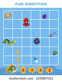 Education game for children fun direction help cute cartoon piranha move according to the numbers on the arrows printable underwater worksheet
