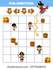 Juego educativo para niños dirección divertida ayuda a loro usando sombrero pirata moverse según los números de la hoja de cálculo pirata imprimible de las flechas