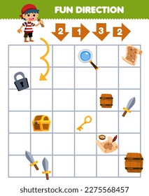 Education game for children fun direction help the boy move according to the numbers on the arrows printable pirate worksheet