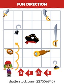 Education game for children fun direction help man wearing bandana move according to the numbers on the arrows printable pirate worksheet