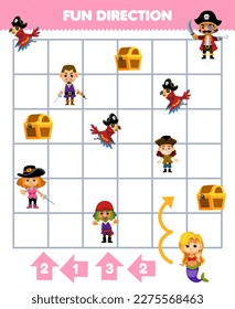 Education game for children fun direction help mermaid move according to the numbers on the arrows printable pirate worksheet