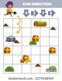 Education game for children fun direction help the boy carrying shovel move according to the numbers on the arrows printable pirate worksheet