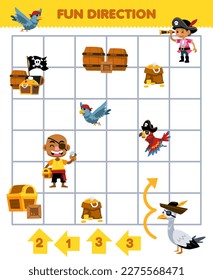 Education game for children fun direction help seagull wearing hat move according to the numbers on the arrows printable pirate worksheet