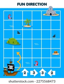 Education game for children fun direction help ship move according to the numbers on the arrows printable pirate worksheet