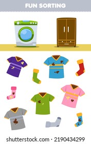 Education game for children fun sorting clean or dirty jersey shirt and sock wearable clothes to washing machine or cupboard printable worksheet