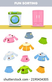 Education game for children fun sorting clean or dirty blouse and skirt wearable clothes to washing machine or cupboard printable worksheet