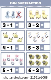 Education game for children fun subtraction by counting and eliminating cute cartoon white animal pictures