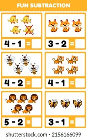 Education game for children fun subtraction by counting and eliminating cute cartoon yellow animal pictures