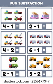 Education game for children fun subtraction by counting and eliminating cartoon truck transportation pictures