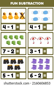 Education game for children fun subtraction by counting and eliminating cartoon wearable clothes raincoat masker gloves umbrella pant boot printable worksheet