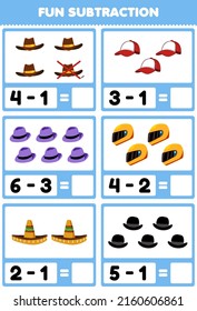 Education game for children fun subtraction by counting and eliminating cartoon wearable clothes cowboy hat cap fedora helm sombrero printable worksheet