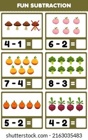 Education game for children fun subtraction by counting and eliminating cartoon fruits and vegetables mushroom peach orange broccoli dragon fruit beet worksheet