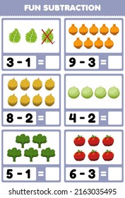 Education game for children fun subtraction by counting and eliminating cartoon fruits and vegetables kale onion durian melon spinach tomato worksheet