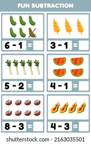 Juego de educación para niños diversión sustracción contando y eliminando las caricaturas frutas y verduras pepino trigo leek sandía coco papaya hoja de cálculo