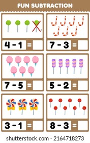 Education Game For Children Fun Subtraction By Counting And Eliminating Cartoon Food Candy Worksheet